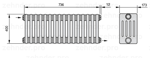 Схема (чертеж) Радиатор Zehnder Charleston 5040/16 №1670 Белый глянцевый RAL 9016